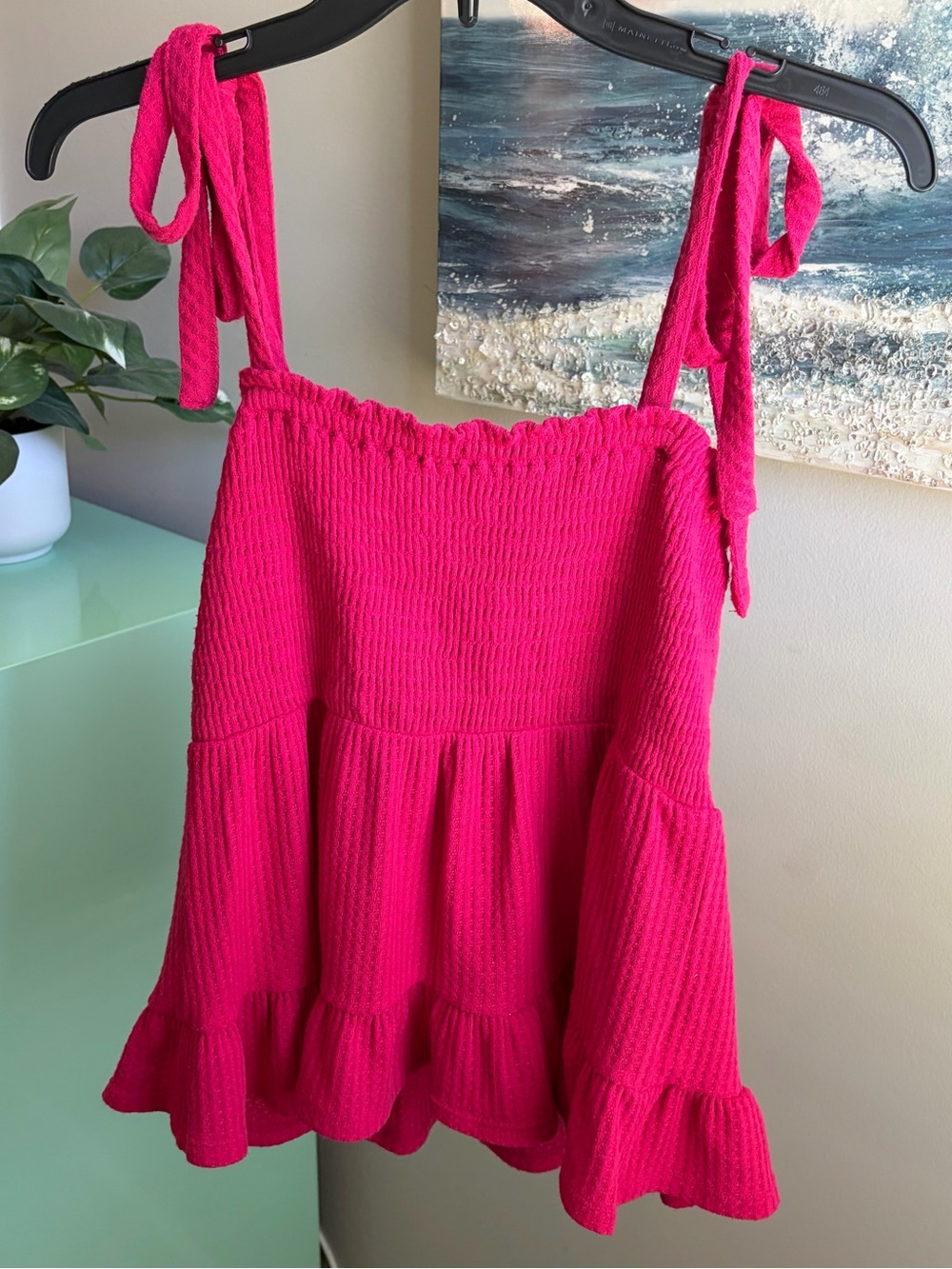 NWT Paper Crane Hot Pink Waffle Knit Baby Doll Tie-Strap Tank